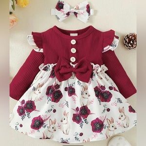 Baby Floral Bunny Long Sleeve Dress With Matching Headband